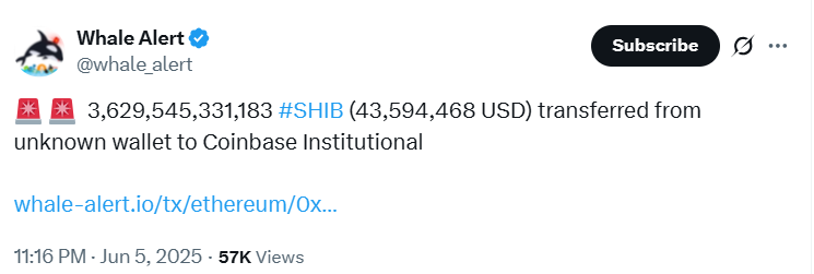 24小时内，6.6万亿柴犬代币被转移至Coinbase和币安，引发市场关注