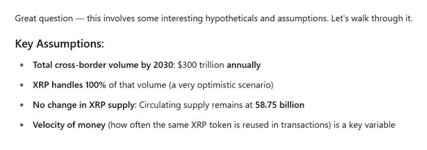  如果到 2030 年 XRP 能够处理 100% 的预期年度跨境交易量（300 万亿美元），其价格如下 
