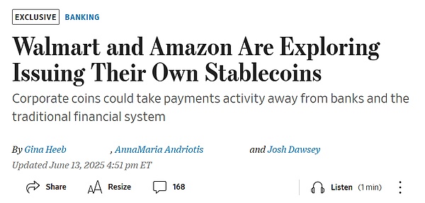 沃尔玛和亚马逊计划发行稳定币,推动加密支付新浪潮
