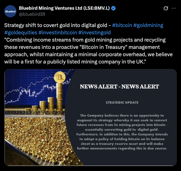 英国上市金矿公司Bluebird计划将黄金收入转为比特币储备