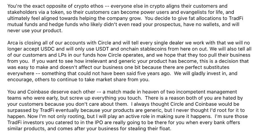  Arca 在 IPO 和纽约证券交易所上市后向 Circle 致以“最良好的祝愿”：“祝你成功” 