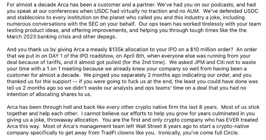  Arca 在 IPO 和纽约证券交易所上市后向 Circle 致以“最良好的祝愿”：“祝你成功” 